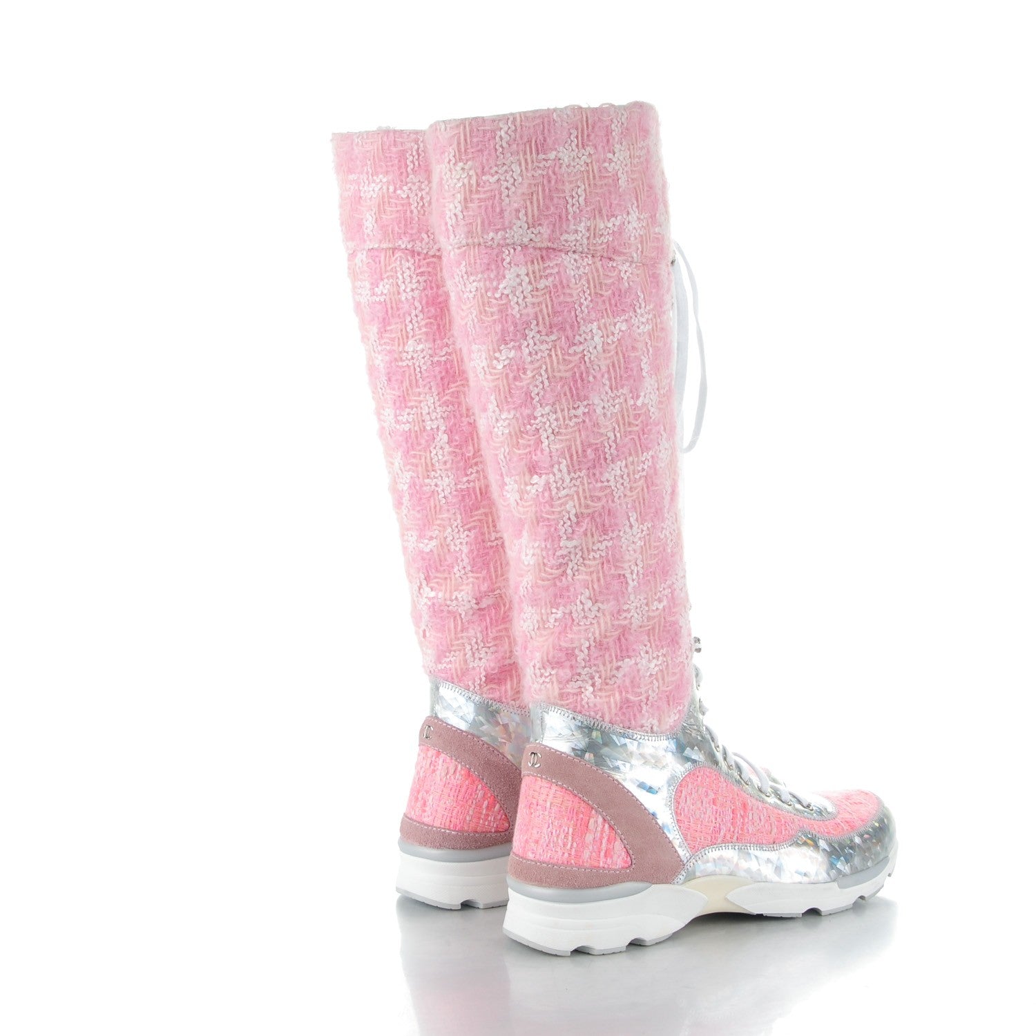 Chanel Tweed Suede Calfskin Sneaker High Boots 40 Pink 4 of 7