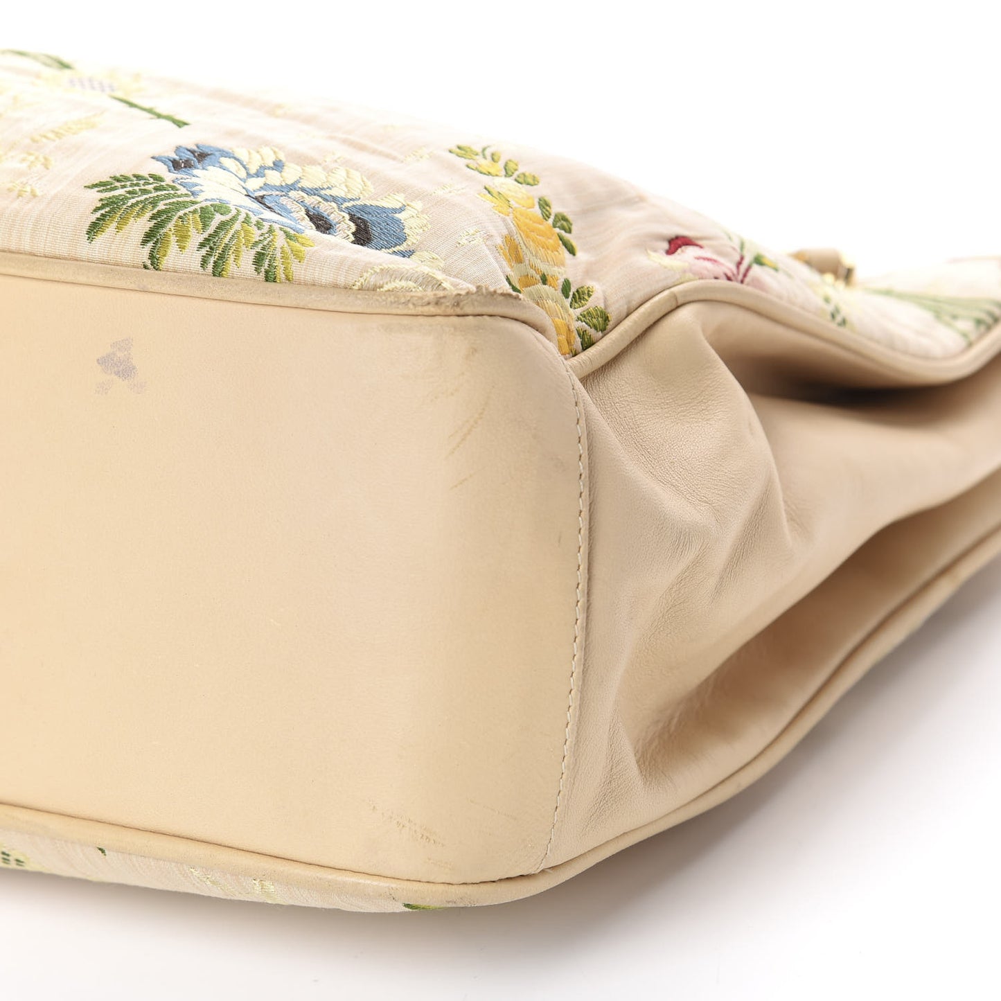 Calfskin Canvas Embroidered Flower Tote Beige