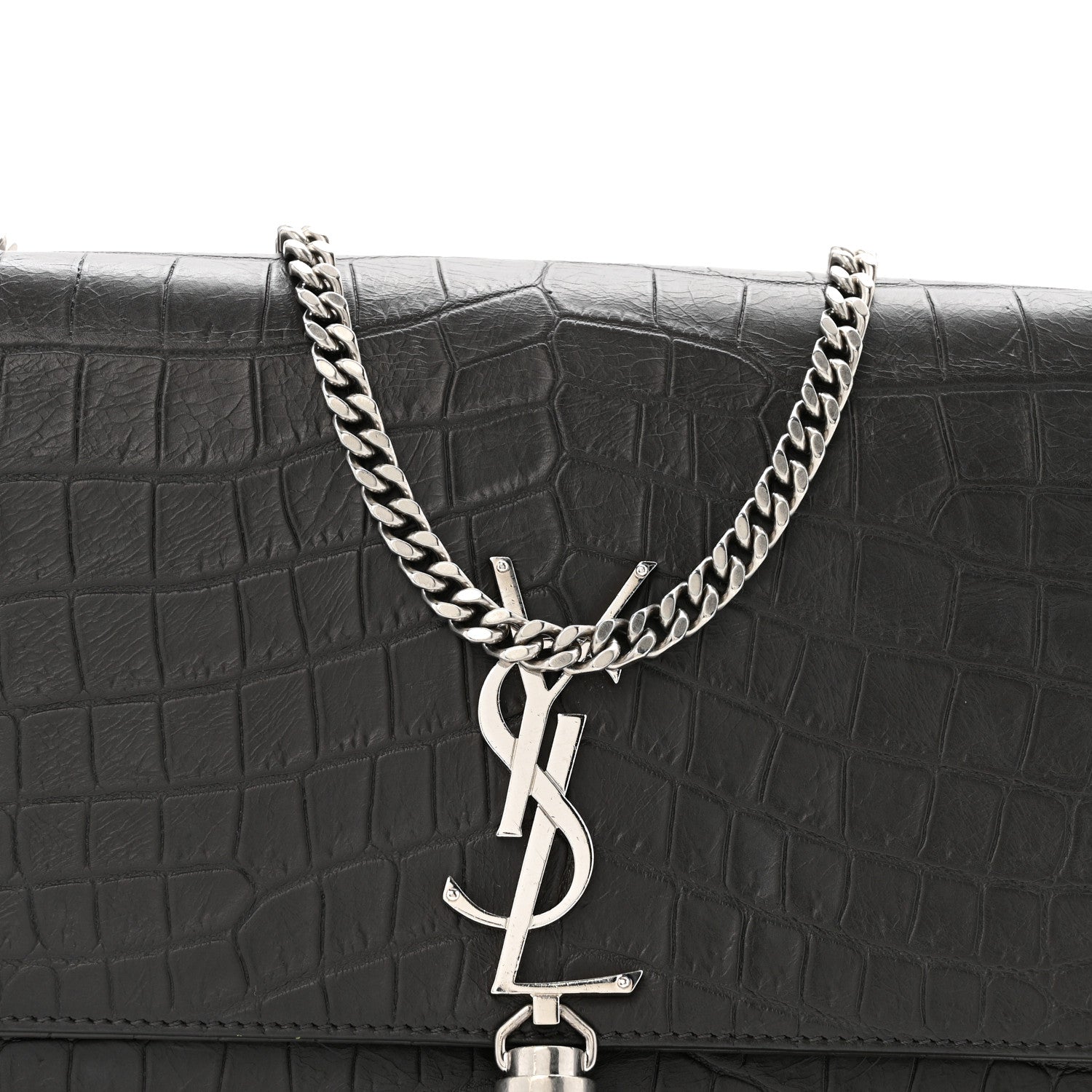 Saint Laurent Calfskin Crocodile Embossed Medium Classic Monogram Kate Tassel Satchel Storm 7 of 13