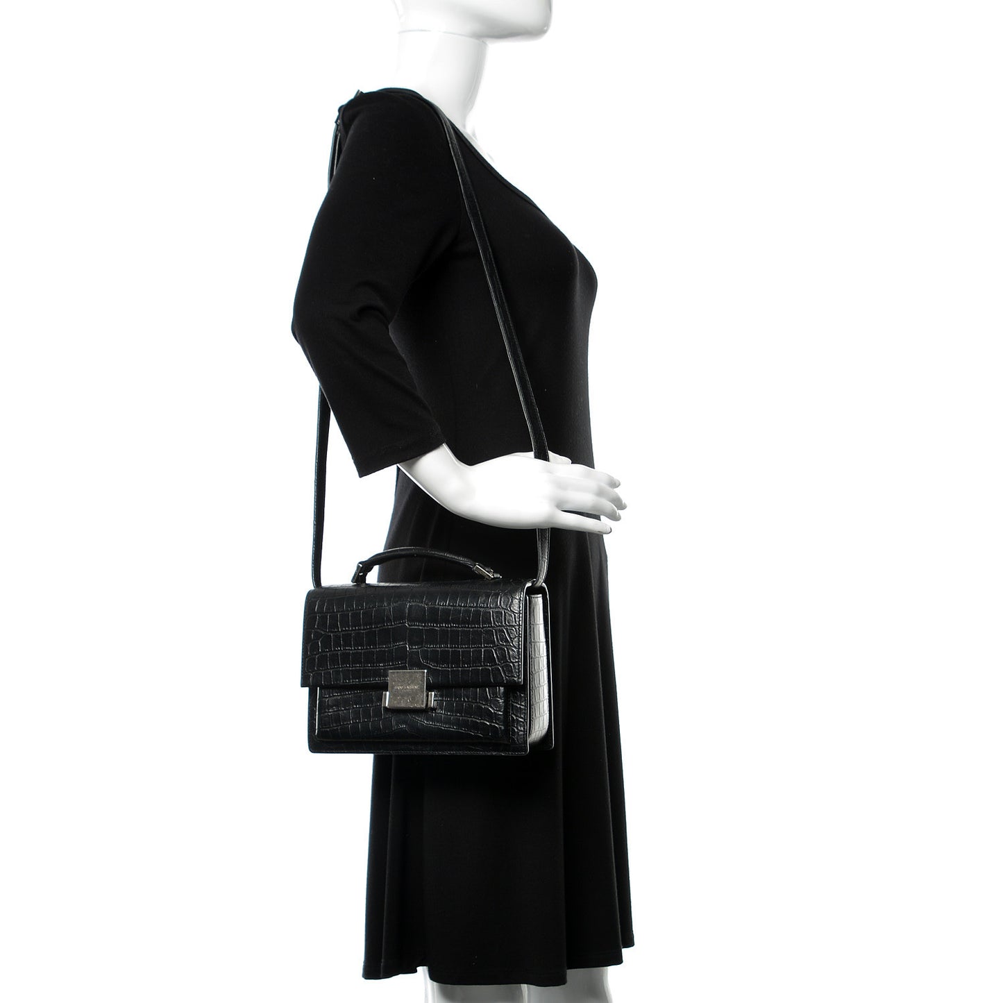 Calfskin Crocodile Embossed Medium Bellechasse Satchel Matte Black