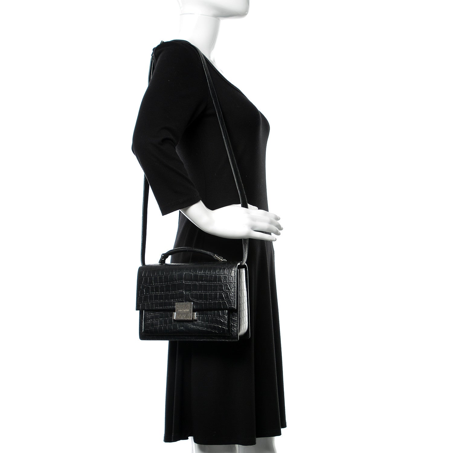 Saint Laurent Calfskin Crocodile Embossed Medium Bellechasse Satchel Matte Black 2 of 10