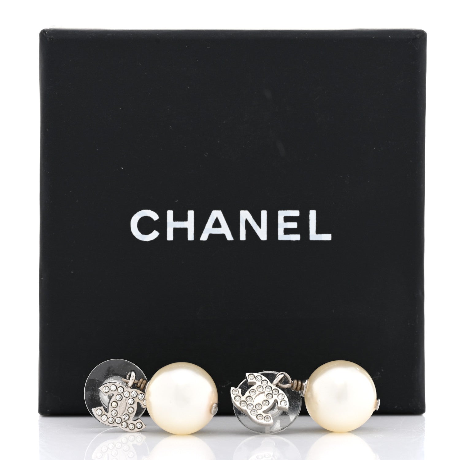 Chanel Crystal Pearl CC Drop Earrings Silver Pearly White 5 of 5