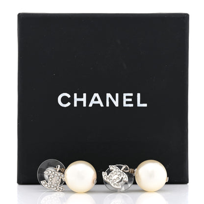 Chanel Crystal Pearl CC Drop Earrings Silver Pearly White 5 of 5