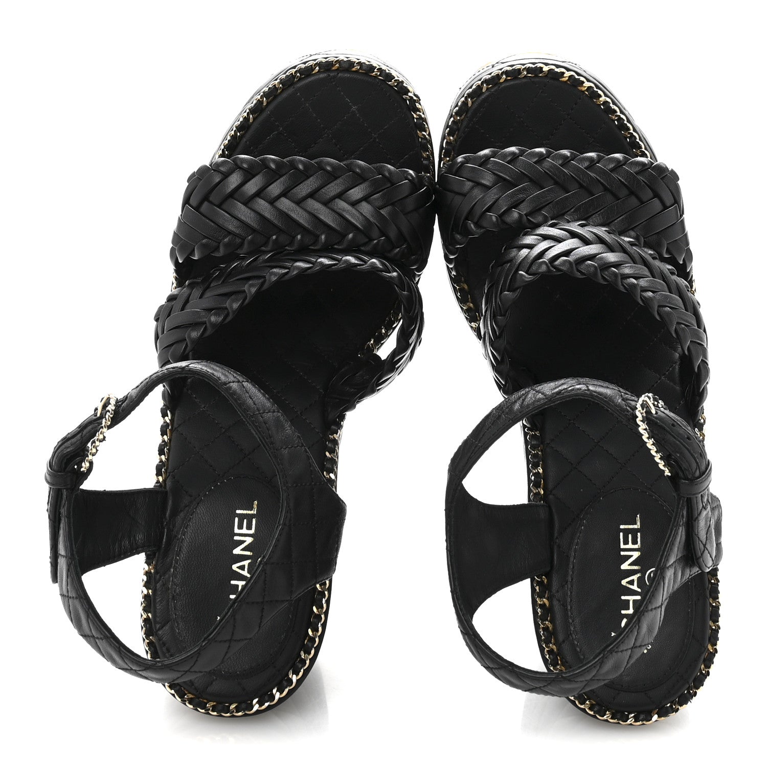 Chanel Calfskin Quilted Chain Around Wedge Sandals 37 Black 2 of 10