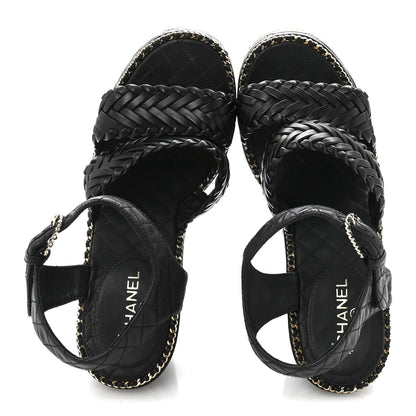 Chanel Calfskin Quilted Chain Around Wedge Sandals 37 Black 2 of 10