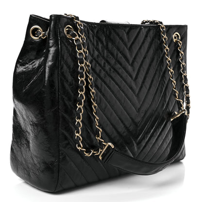 Chanel Aged Calfskin Chevron Quilted Shopping Tote Black 2 of 9