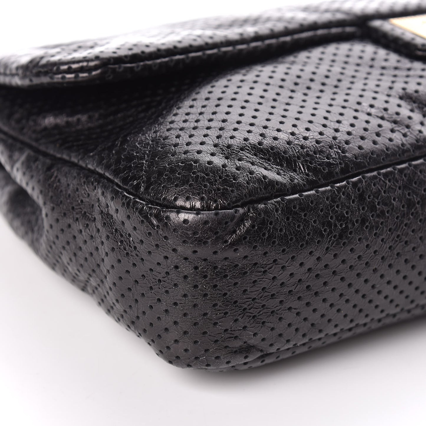 Metallic Crackled Calfskin Large Perforated Drill Flap Black