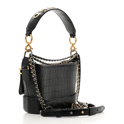 Chanel Calfskin Crocodile Embossed Small Gabrielle Cocodile Hobo Black 3 of 10