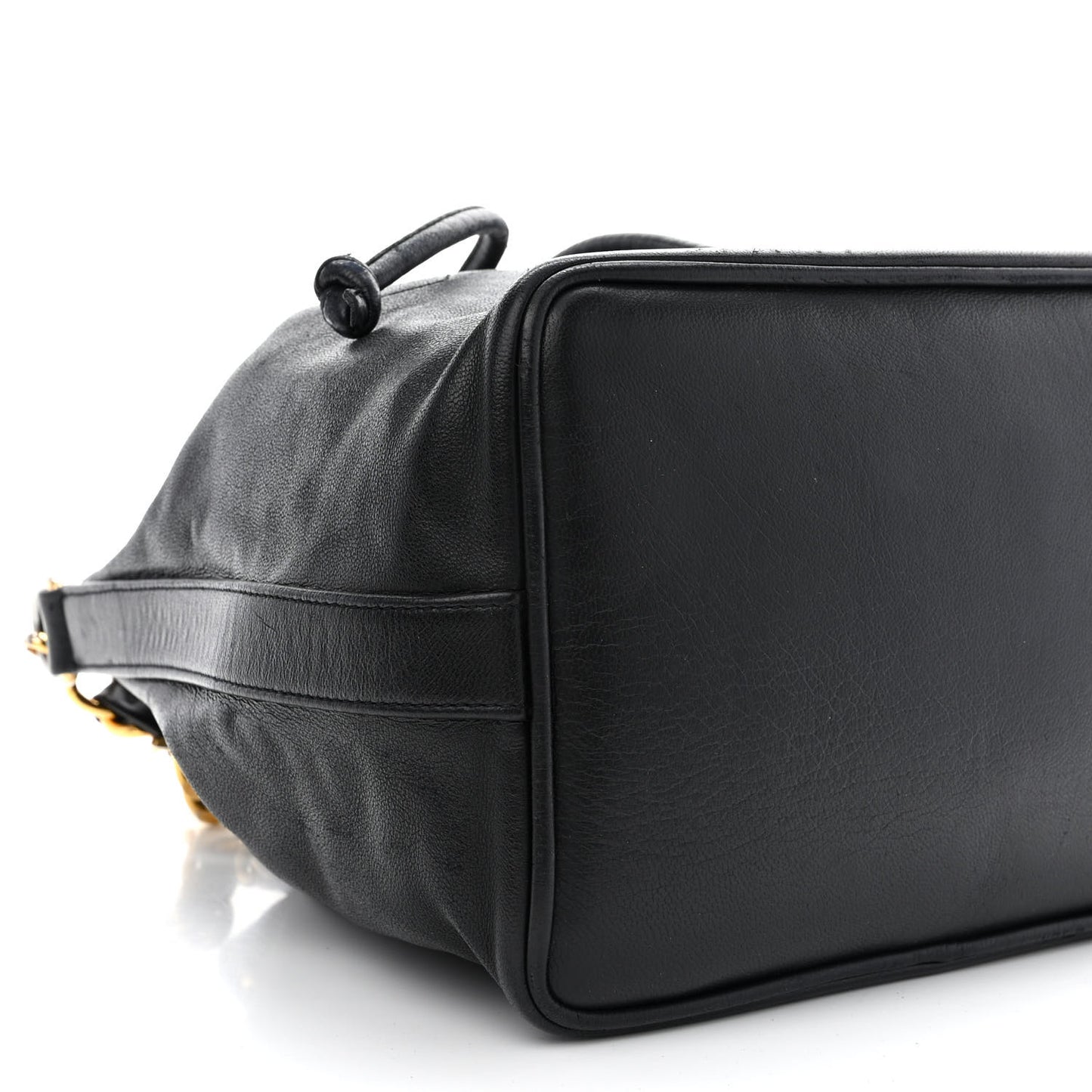 Lambskin CC Stitched Drawstring Bucket Bag Black