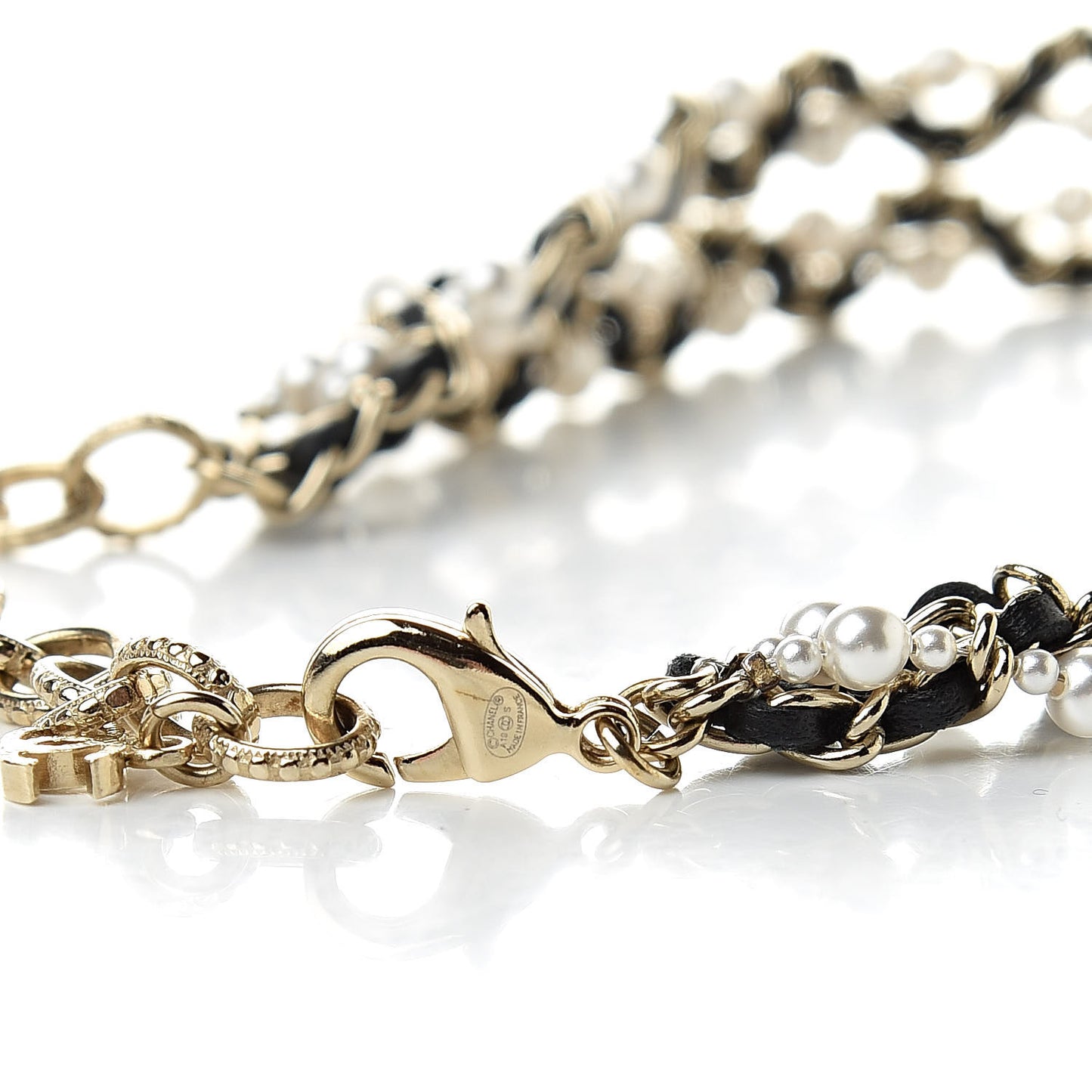Pearl Lambskin CC Chain Twist Choker Necklace Black Gold