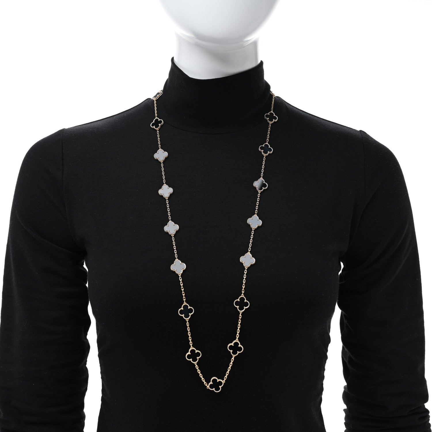 Van Cleef & Arpels 18K Yellow Gold Black Onyx 20 Motifs Vintage Alhambra Necklace 2 of 5