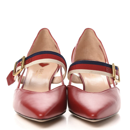 Gucci Malaga Kid Grosgrain Sylvie Web Bamboo Low Heel Pumps 38 Red 3 of 8