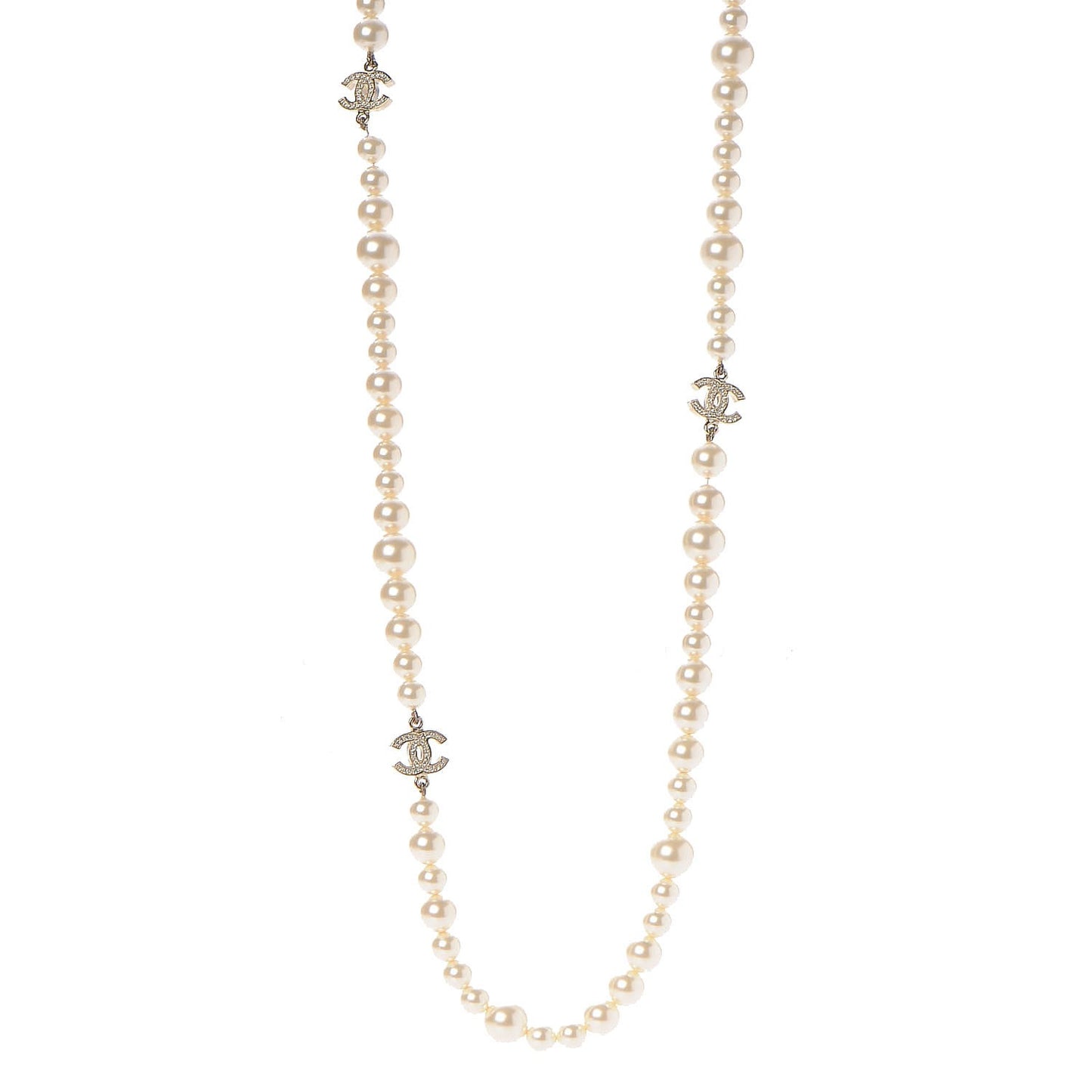 Pearl Baguette Crystal CC Long Necklace Gold