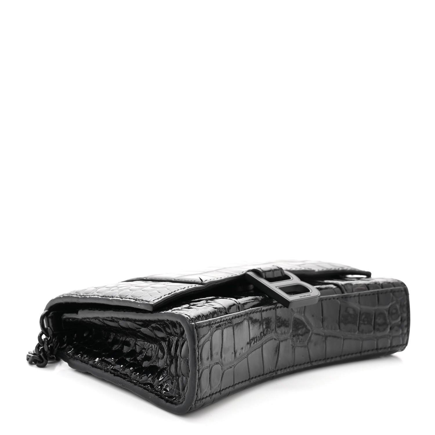 Balenciaga Shiny Calfskin Monochrome Crocodile Embossed Hourglass Chain Bag Black 4 of 11