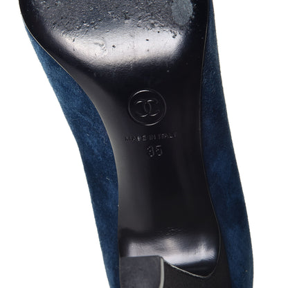 Chanel Suede Satin Cap Toe Gabrielle Pumps 35 Navy Black 6 of 9
