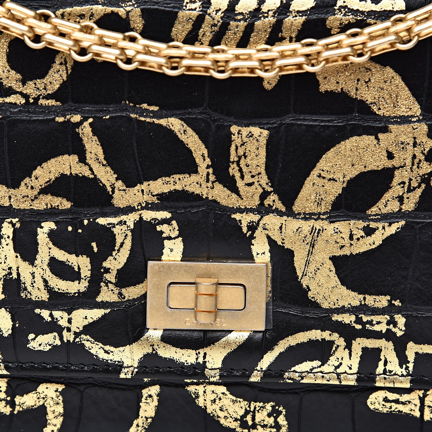 Calfskin Crocodile Embossed Graffiti 2.55 Crocodile Reissue Wallet On Chain WOC Black Gold