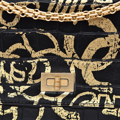 Chanel Calfskin Crocodile Embossed Graffiti 2.55 Crocodile Reissue Wallet On Chain WOC Black Gold 11 of 12