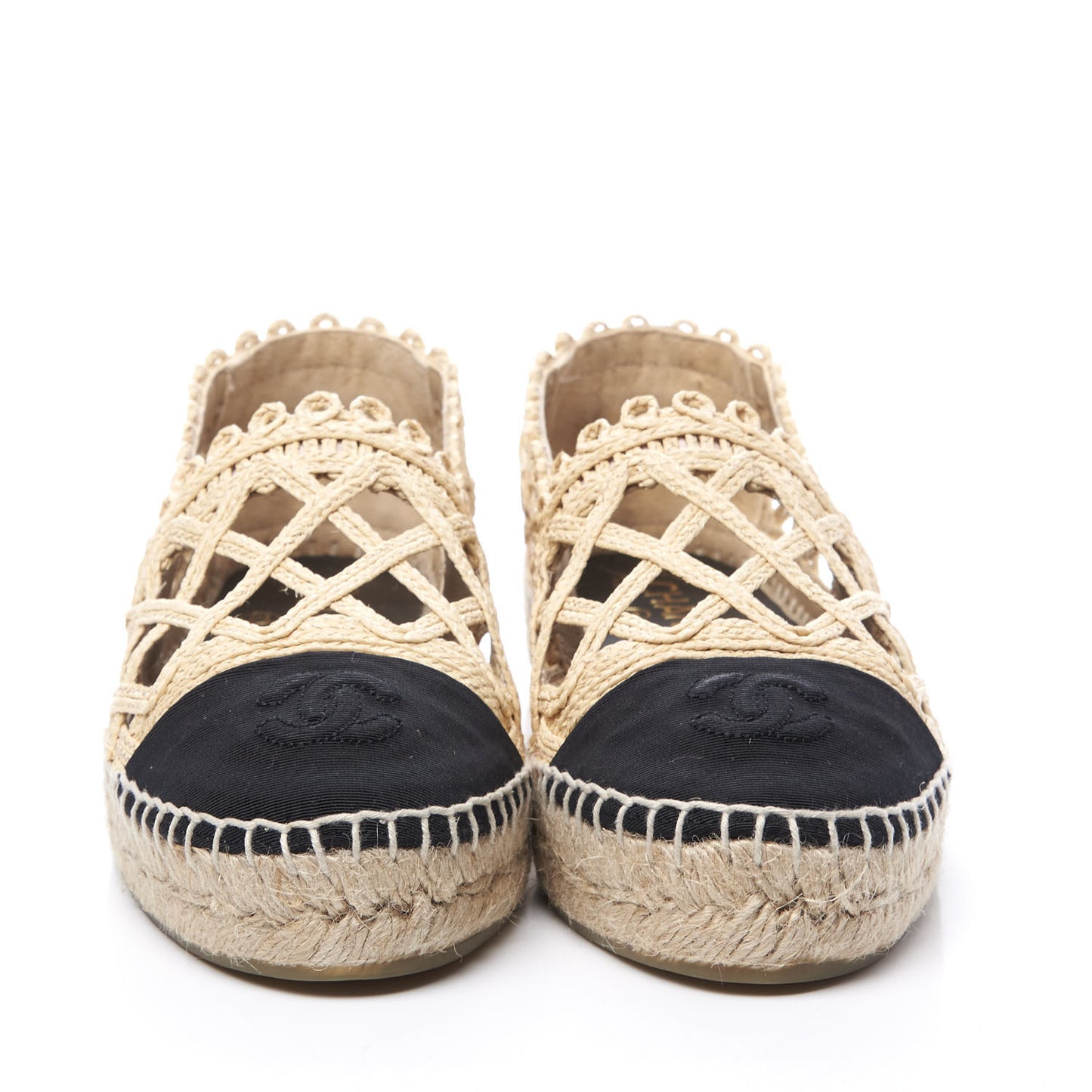 Woven Fabric Grosgrain CC Espadrilles 38 Beige Black