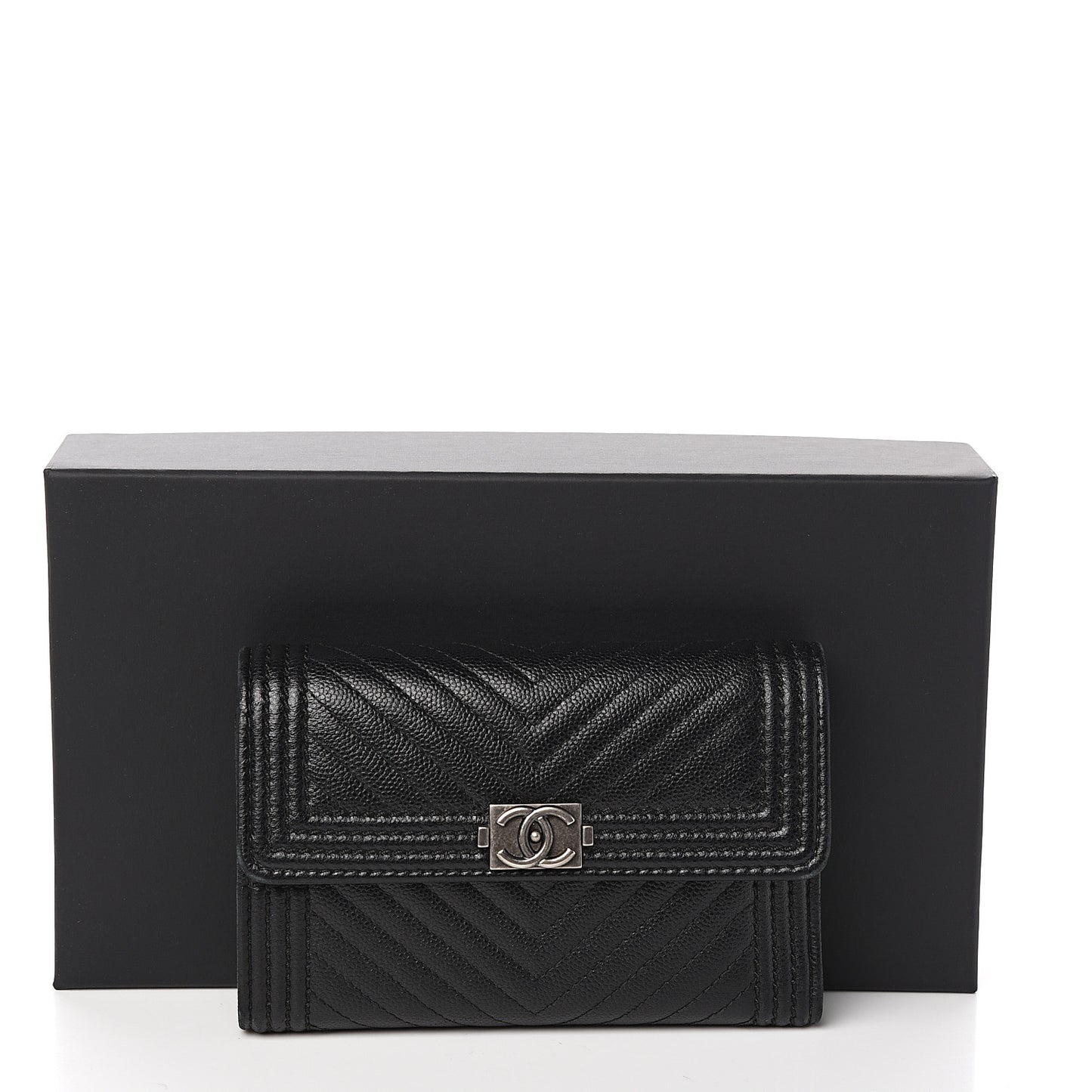 Caviar Chevron Quilted Medium Boy Flap Wallet Black