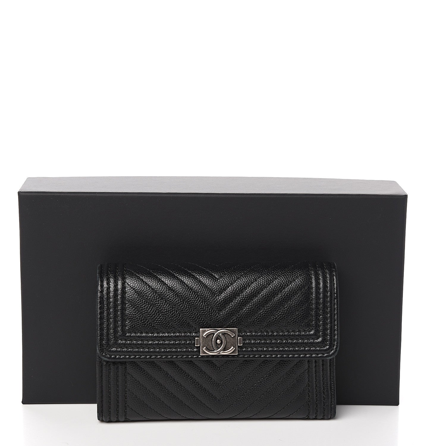 Chanel Caviar Chevron Quilted Medium Boy Flap Wallet Black 8 of 8