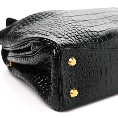 Balenciaga Shiny Calfskin Crocodile Embossed Medium Rodeo Top Handle Handbag Black 7 of 9
