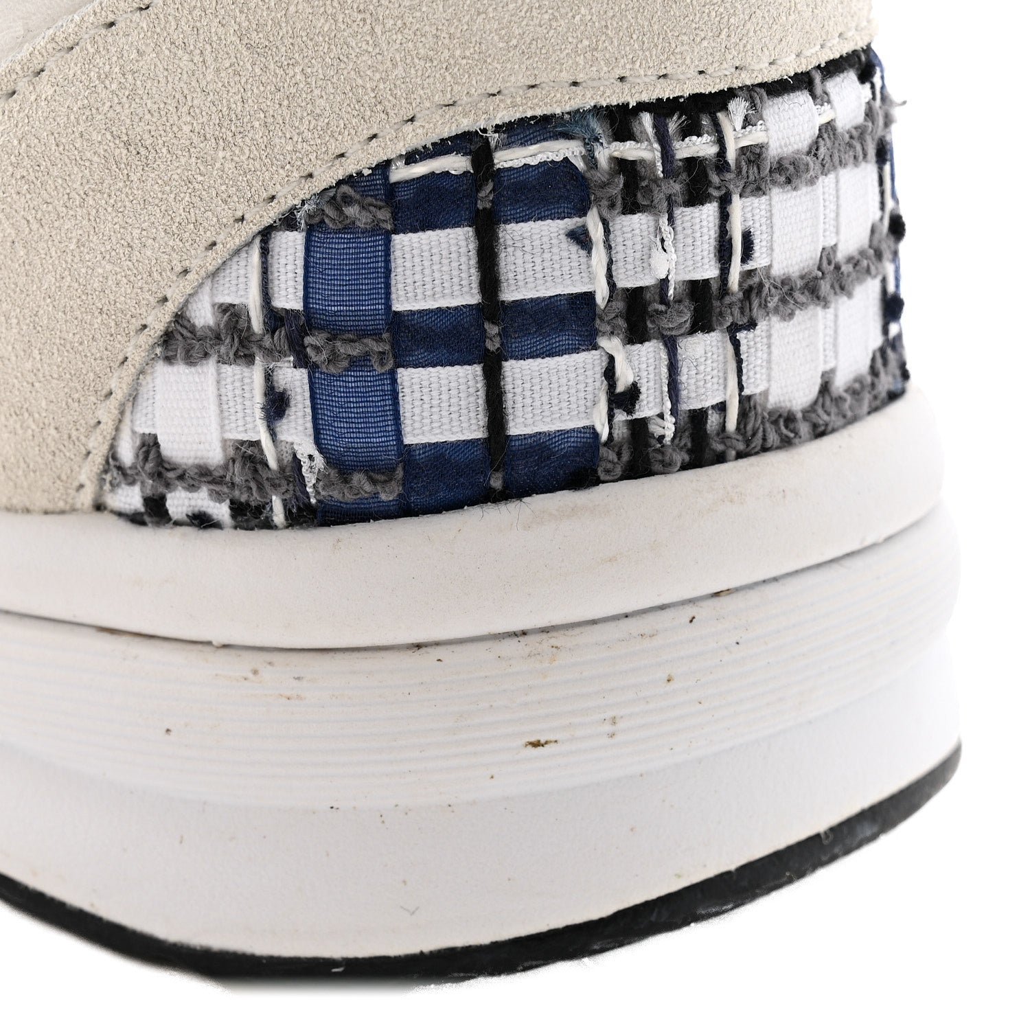 Chanel Tweed Suede Calfskin Womens CC Sneakers 38 Dark Blue Black Grey White 12 of 12