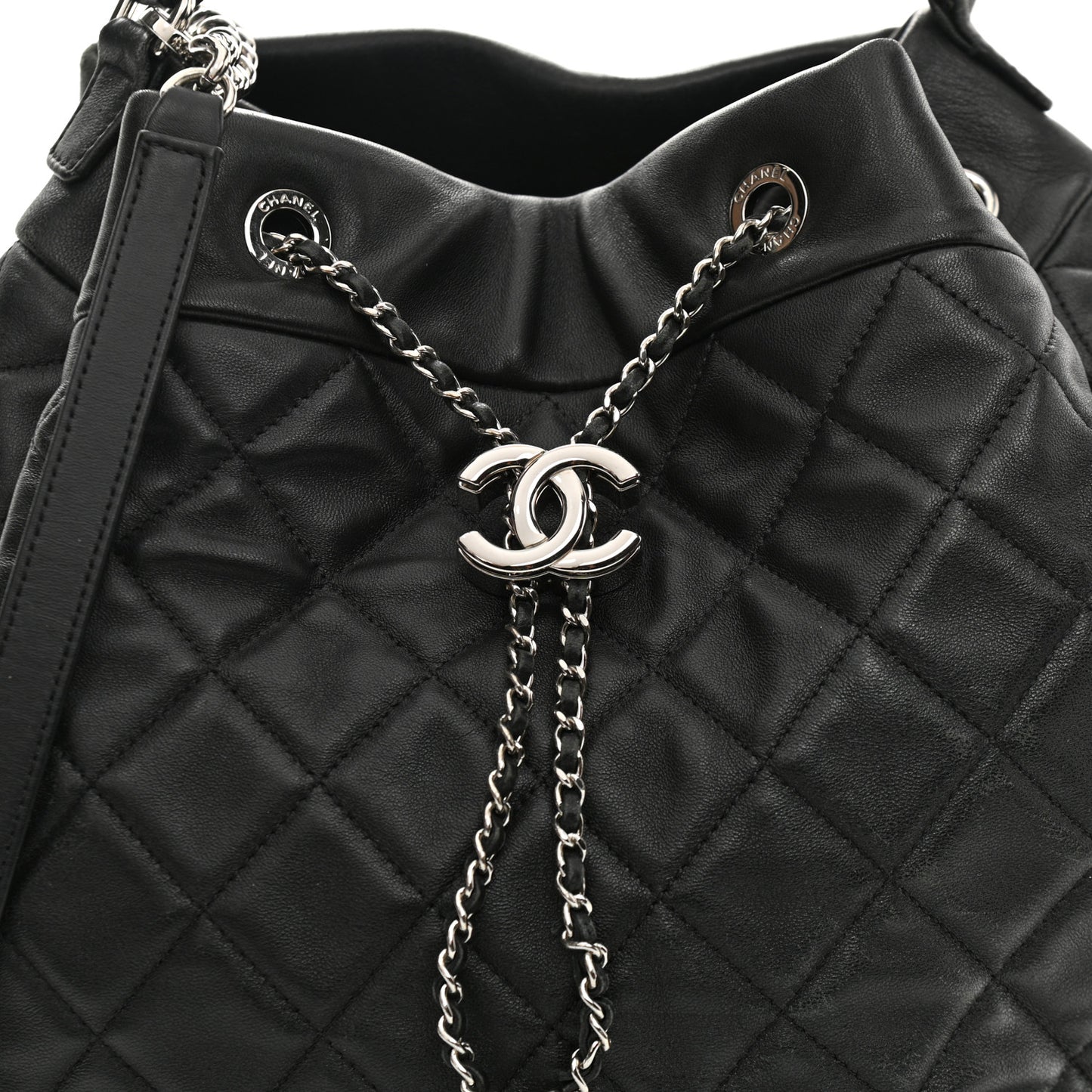 Lambskin Quilted CC Chain Bucket Bag Black