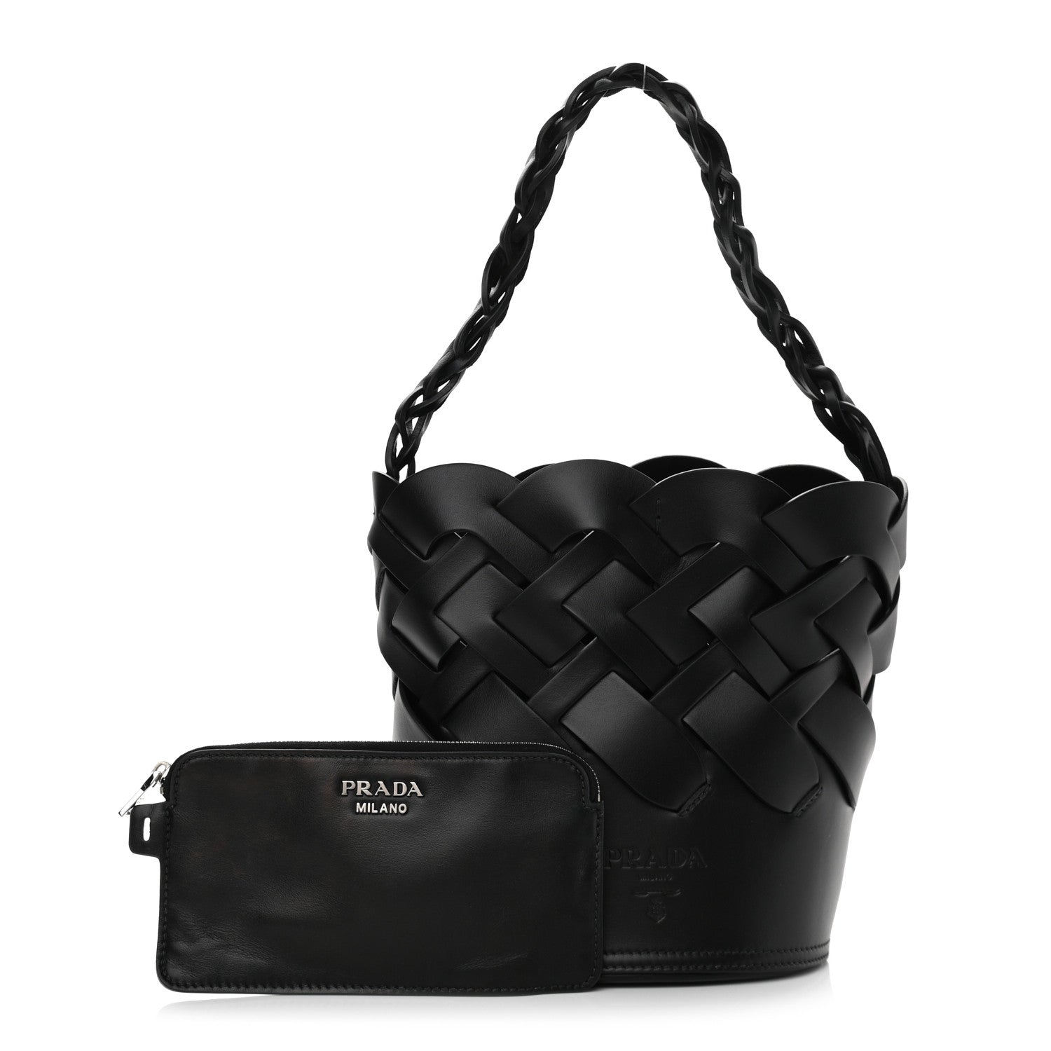 Prada Vitello Intreccio Bucket Bag Black 1 of 11