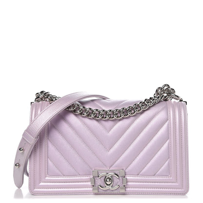 Chanel Metallic Lambskin Chevron Quilted Medium Boy Flap Pink 1 of 9