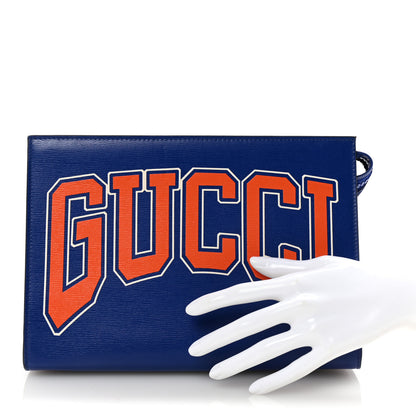 Gucci New Shanghai Calfskin Interlocking G Logo Wristlet Clutch Cobalt Blue Orange 2 of 6