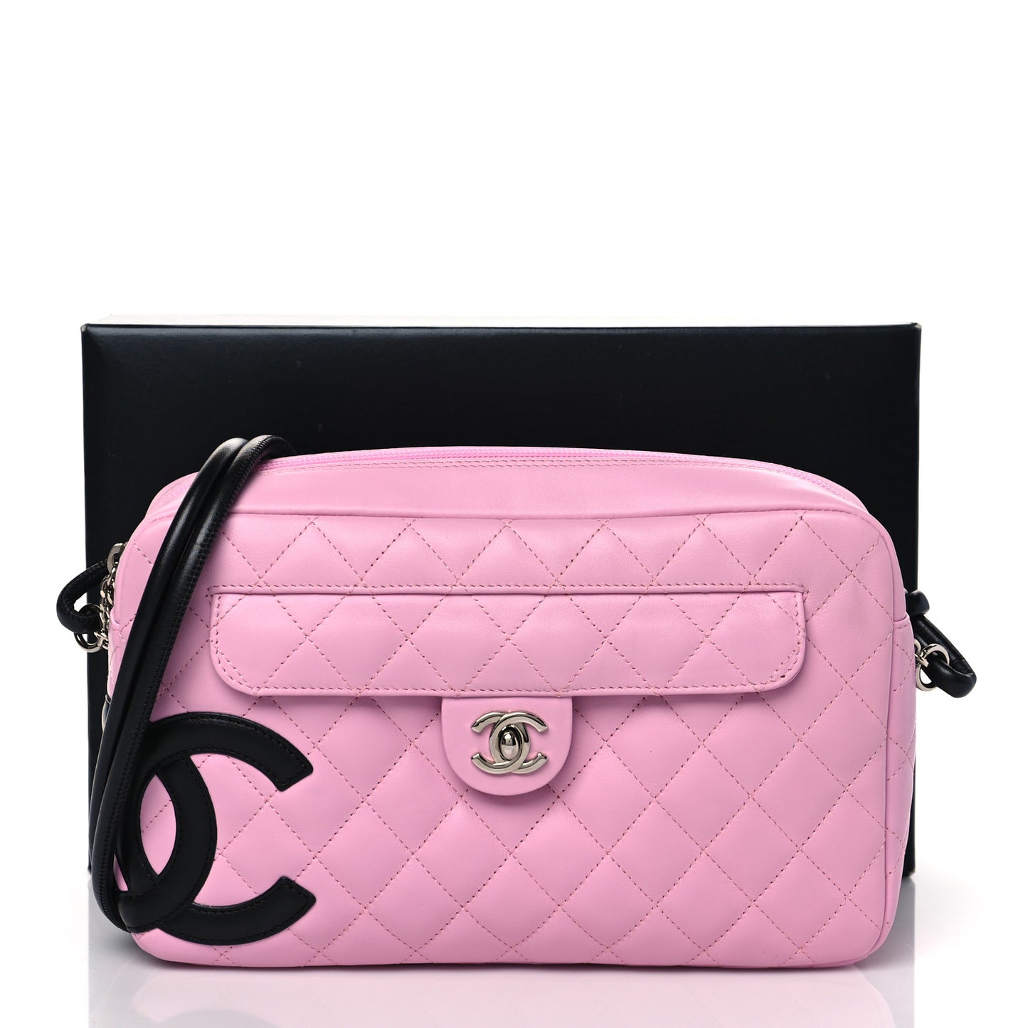 Calfskin Quilted Cambon Camera Case Pink Black