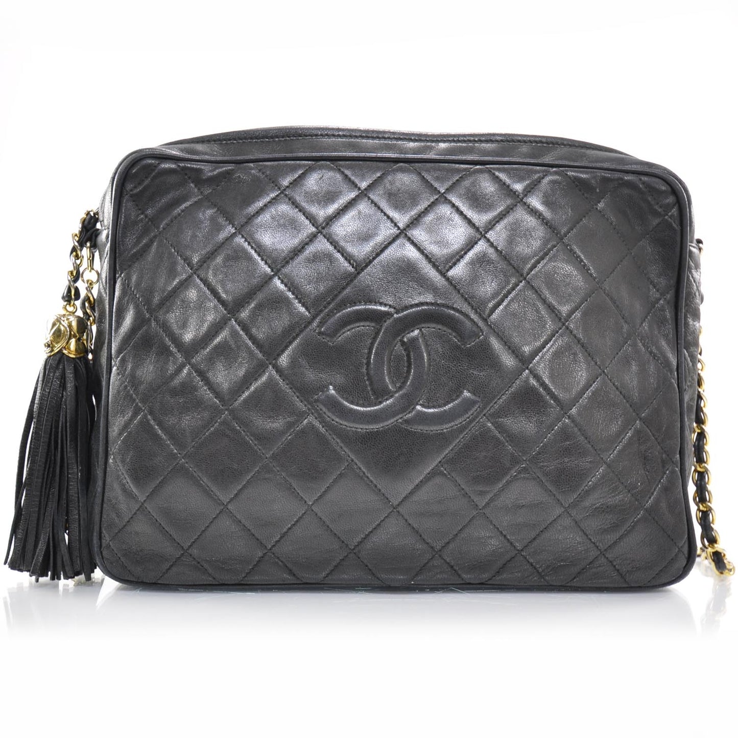 Lambskin Quilted Camera Tassel Bag Black