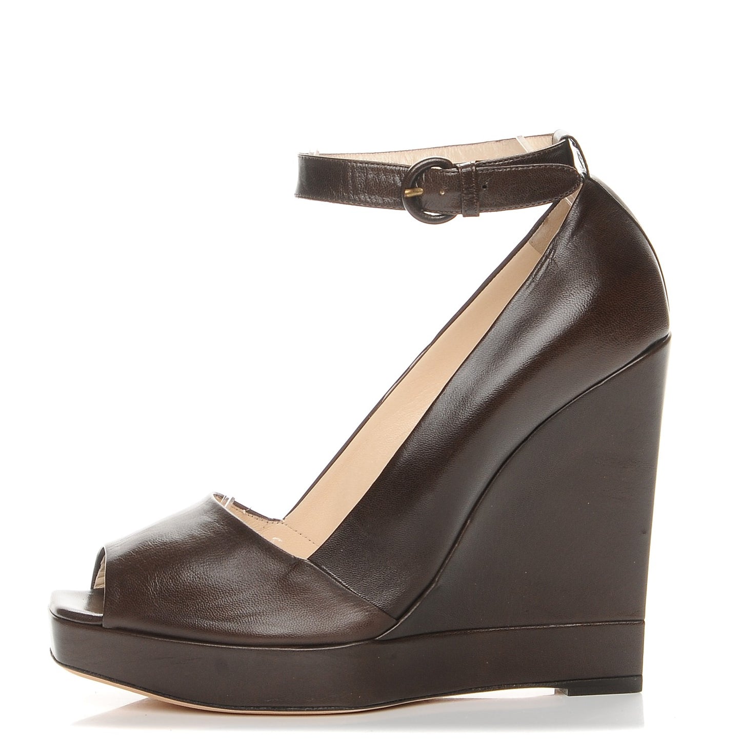 Calfskin Emma 100 Ankle Strap Peep Toe Wedge 41 Chocolate