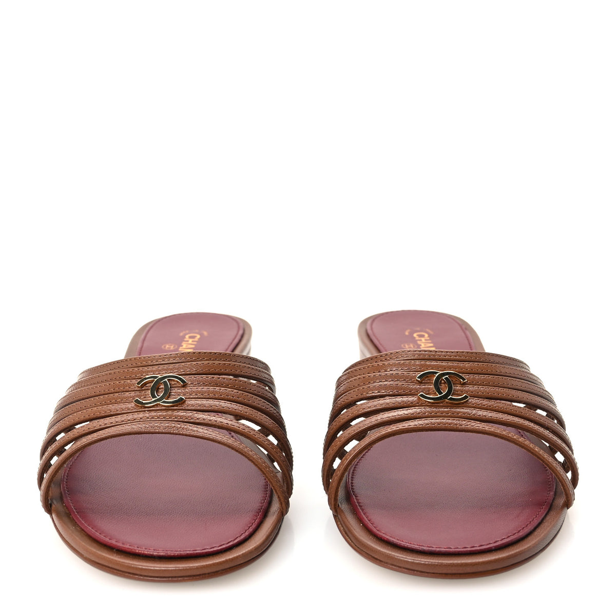 Goatskin Caged CC Slide Sandals 37.5 Light Brown