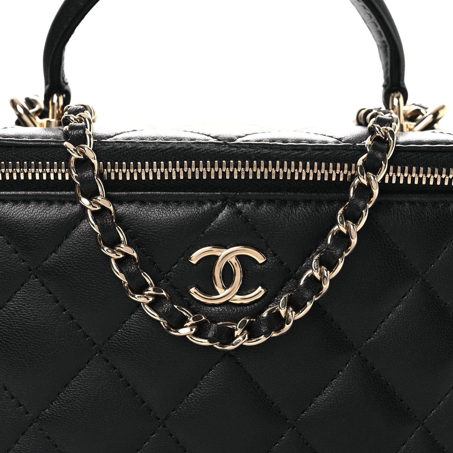 Lambskin Quilted Small Top Handle Vanity Case With Chain Black