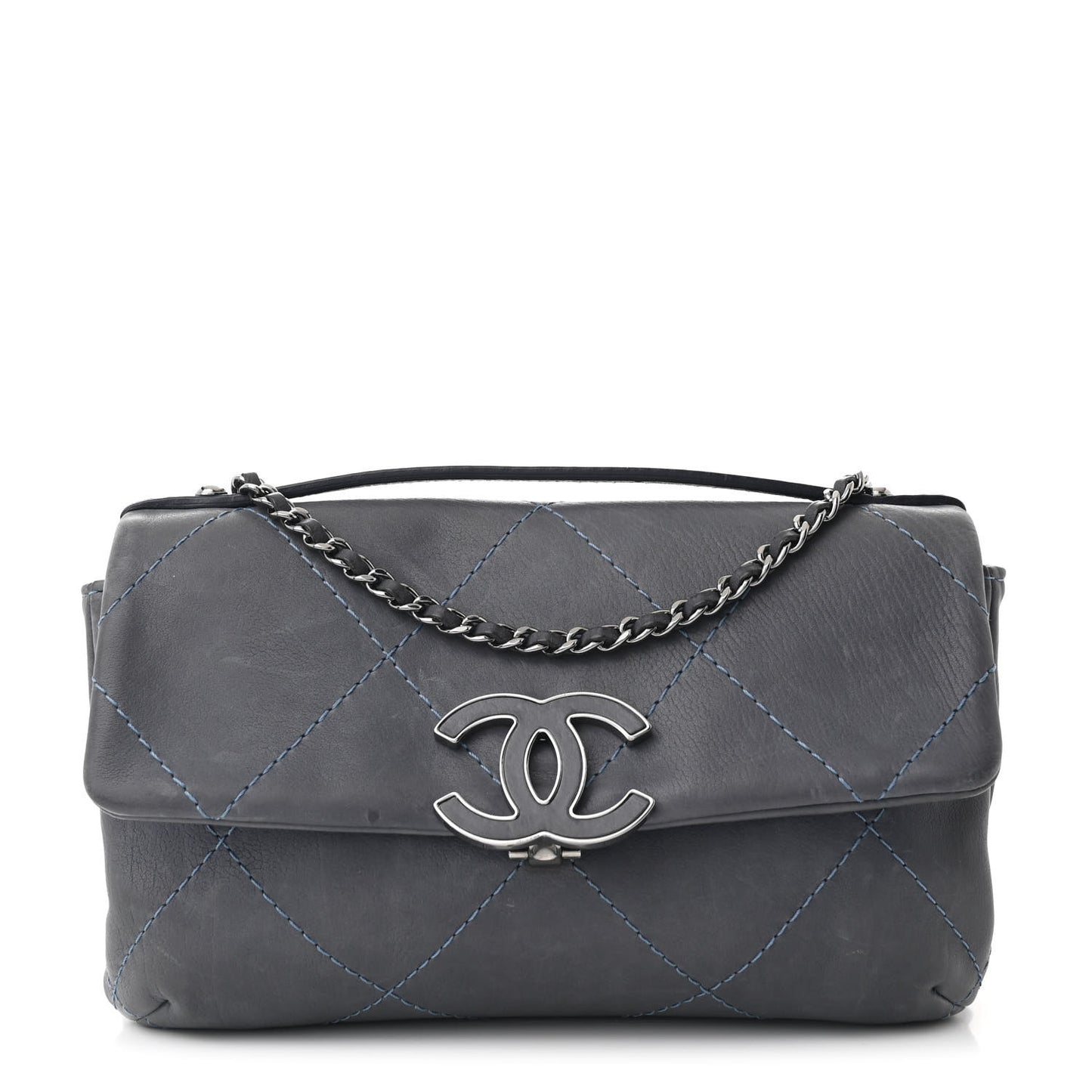 Washed Calfskin Diamond Stitch Hamptons Clutch With Chain Blue