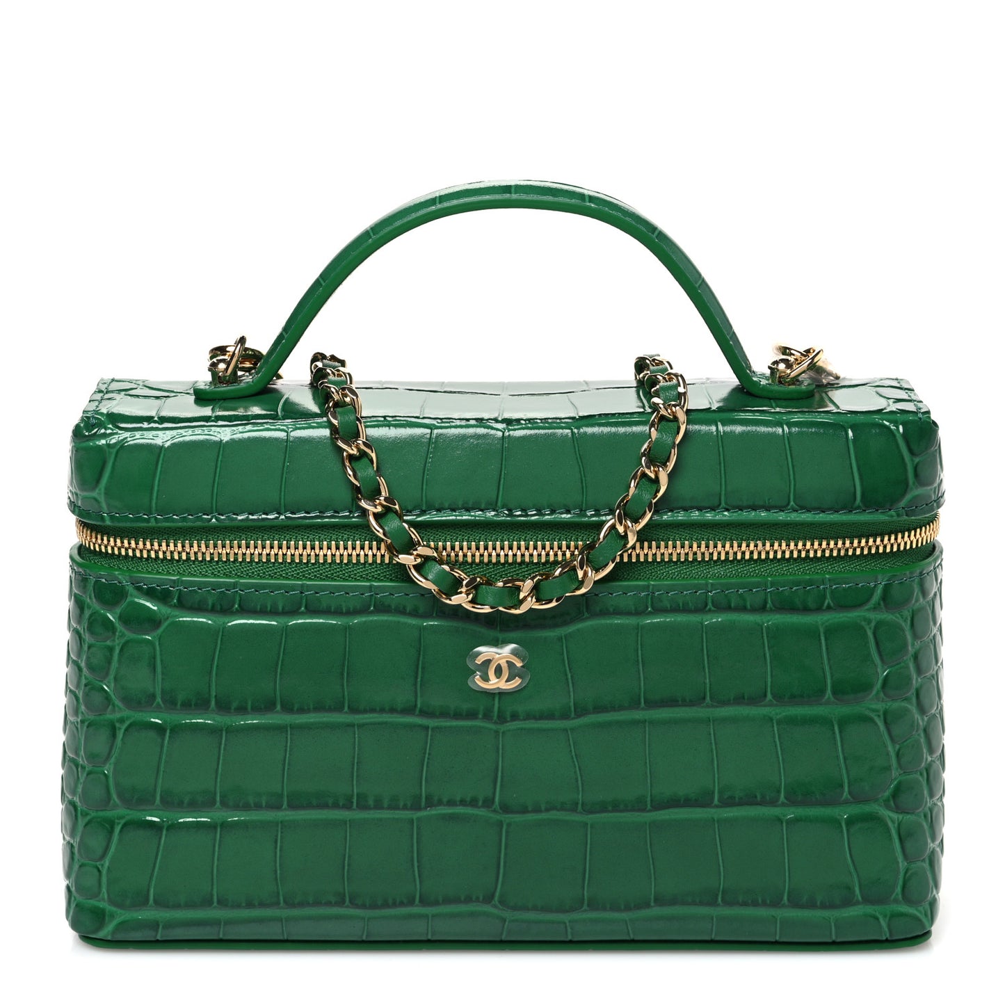 Calfskin Crocodile Embossed Crococo Top Handle Slim Vanity Case With Chain Green