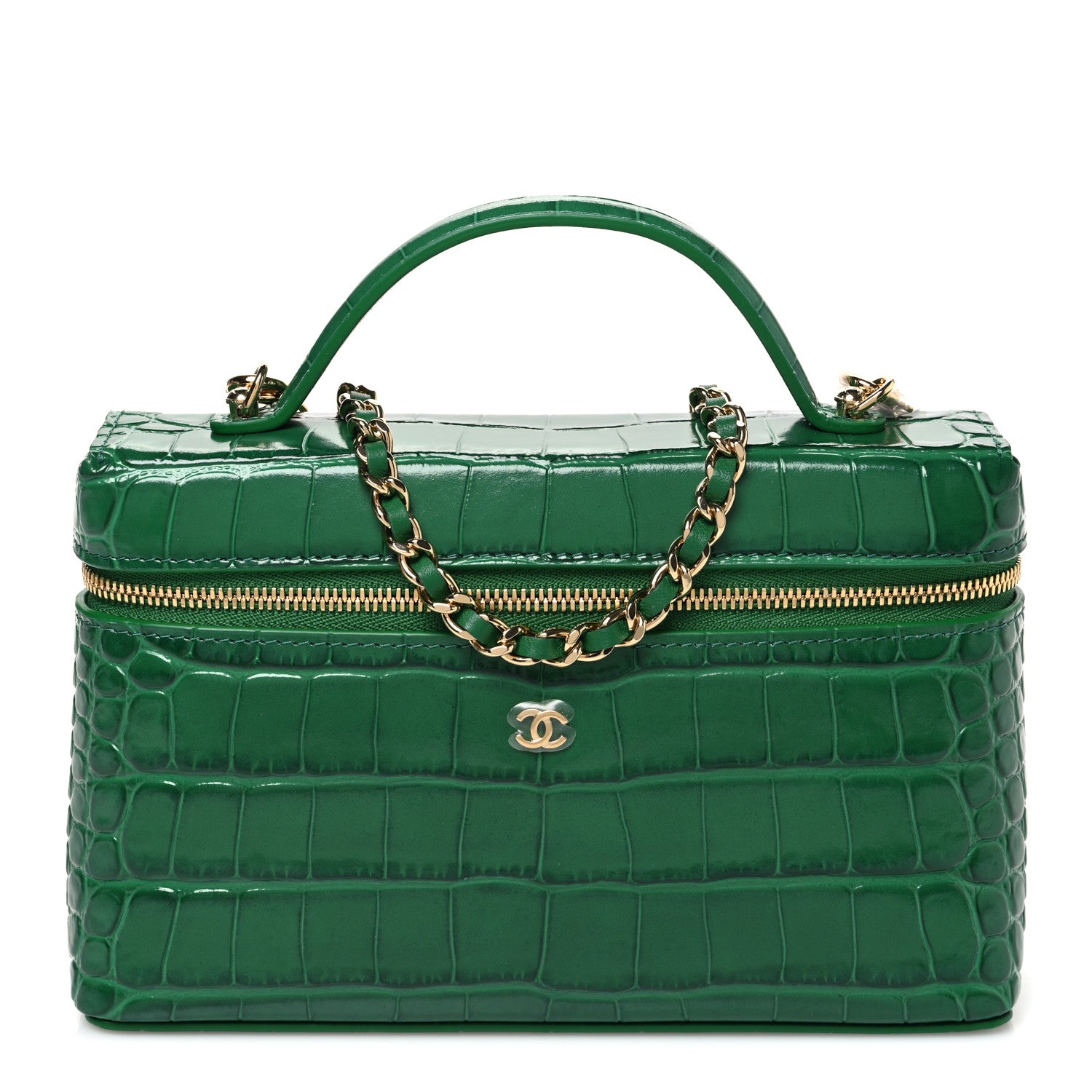 Chanel Calfskin Crocodile Embossed Crococo Top Handle Slim Vanity Case With Chain Green 1 of 10