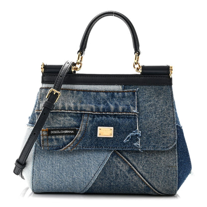 Dolce & Gabbana Calfskin Denim Patchwork Mini Miss Sicily Satchel Blue 1 of 9