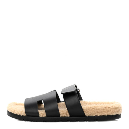 Hermes Calfskin Woolskin Mens Chypre Sandals 42 Black Ecru 1 of 9