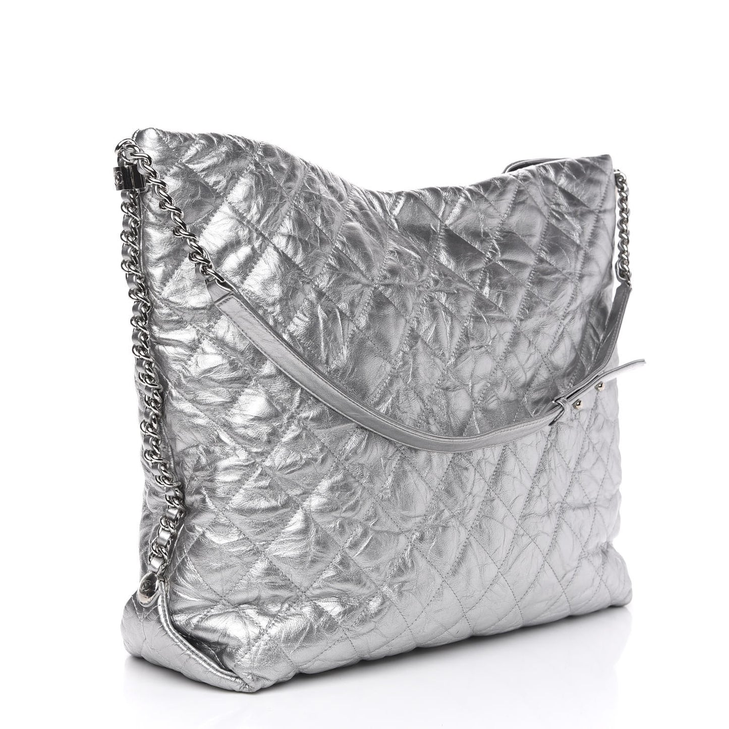Metallic Crackled Calfskin Quilted Large Big Bang Hobo Silver