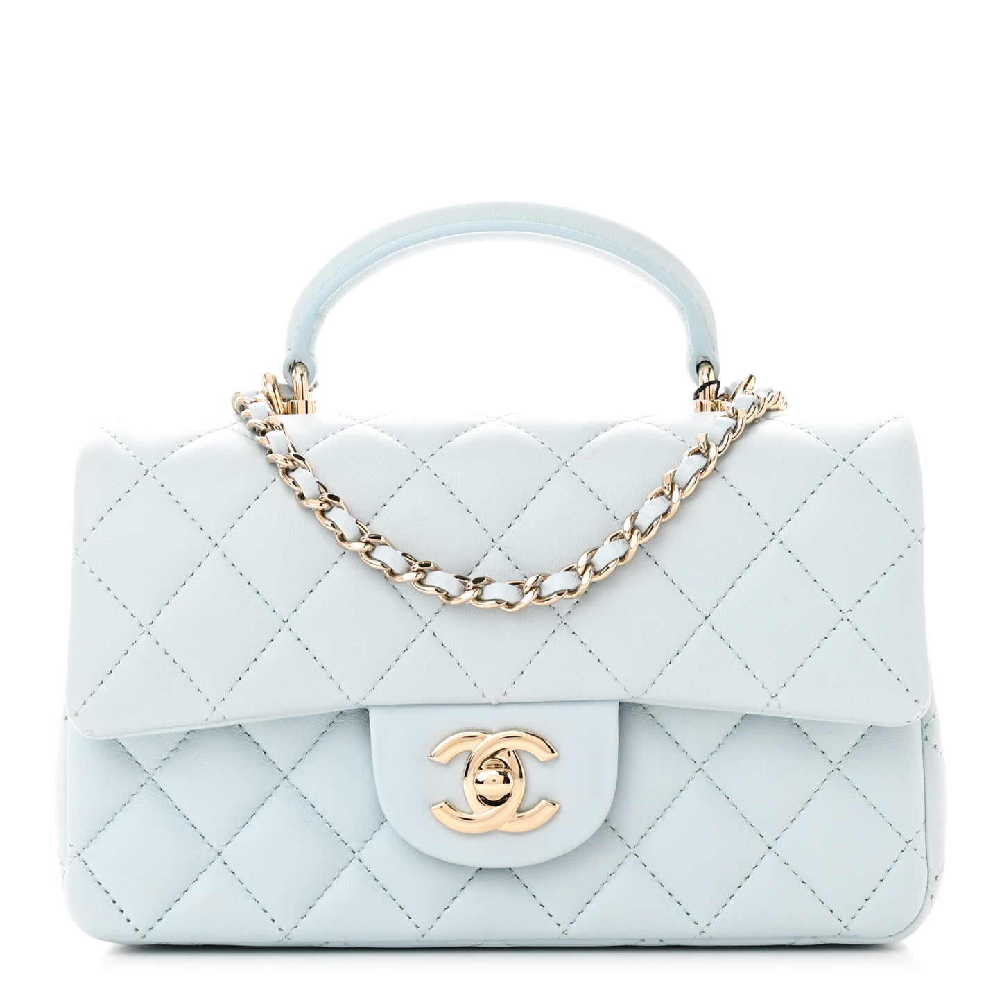 Lambskin Quilted Mini Top Handle Rectangular Flap Light Blue