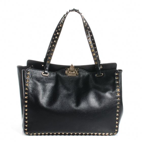 Textured Calfskin Medium Rockstud Tote Black