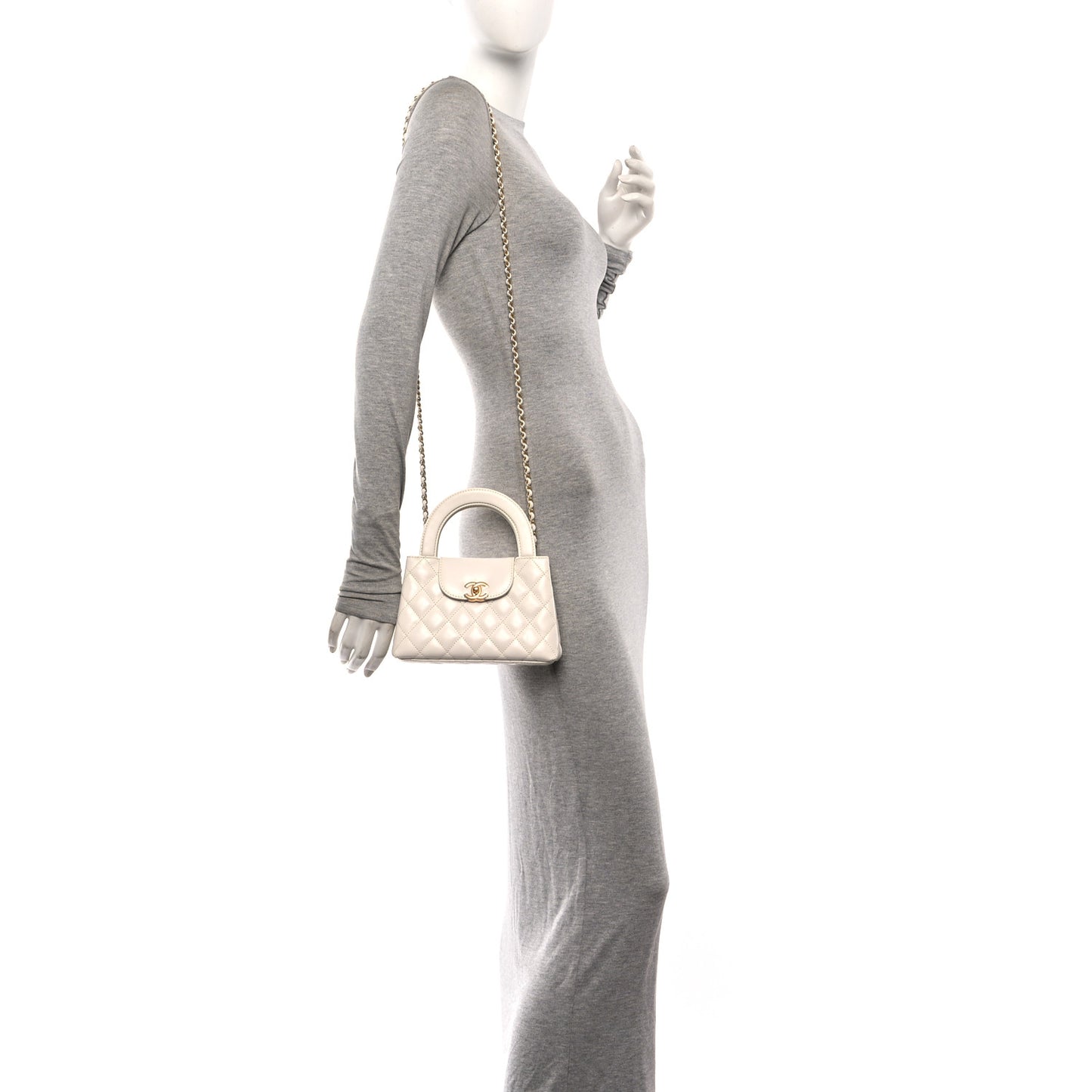 Shiny Aged Calfskin Quilted Nano Kelly Shopper White