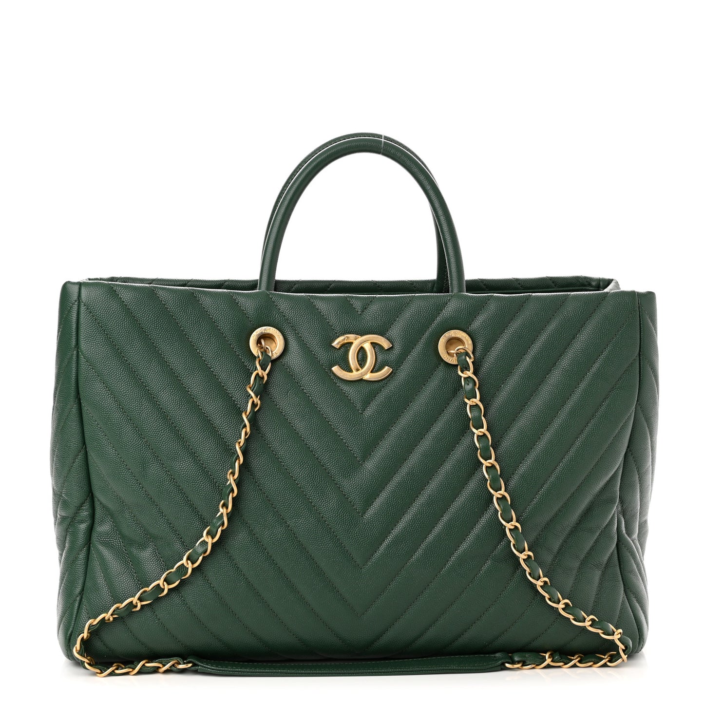 Caviar Chevron Quilted Large Coco Handle Shopping Tote Dark Green