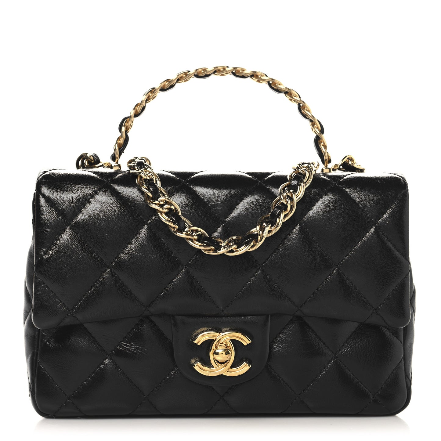 Shiny Lambskin Quilted Golden Links Top Handle Flap Black