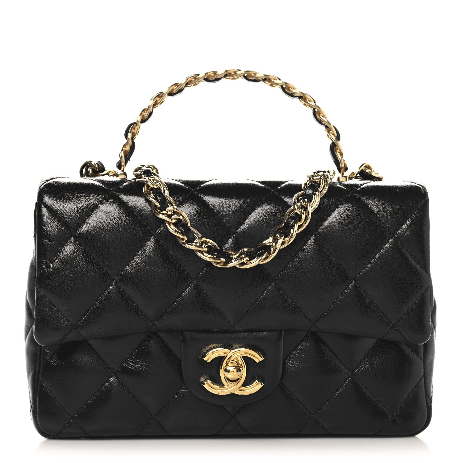 Chanel Shiny Lambskin Quilted Golden Links Top Handle Flap Black 1 of 10