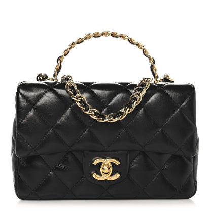 Chanel Shiny Lambskin Quilted Golden Links Top Handle Flap Black 1 of 10