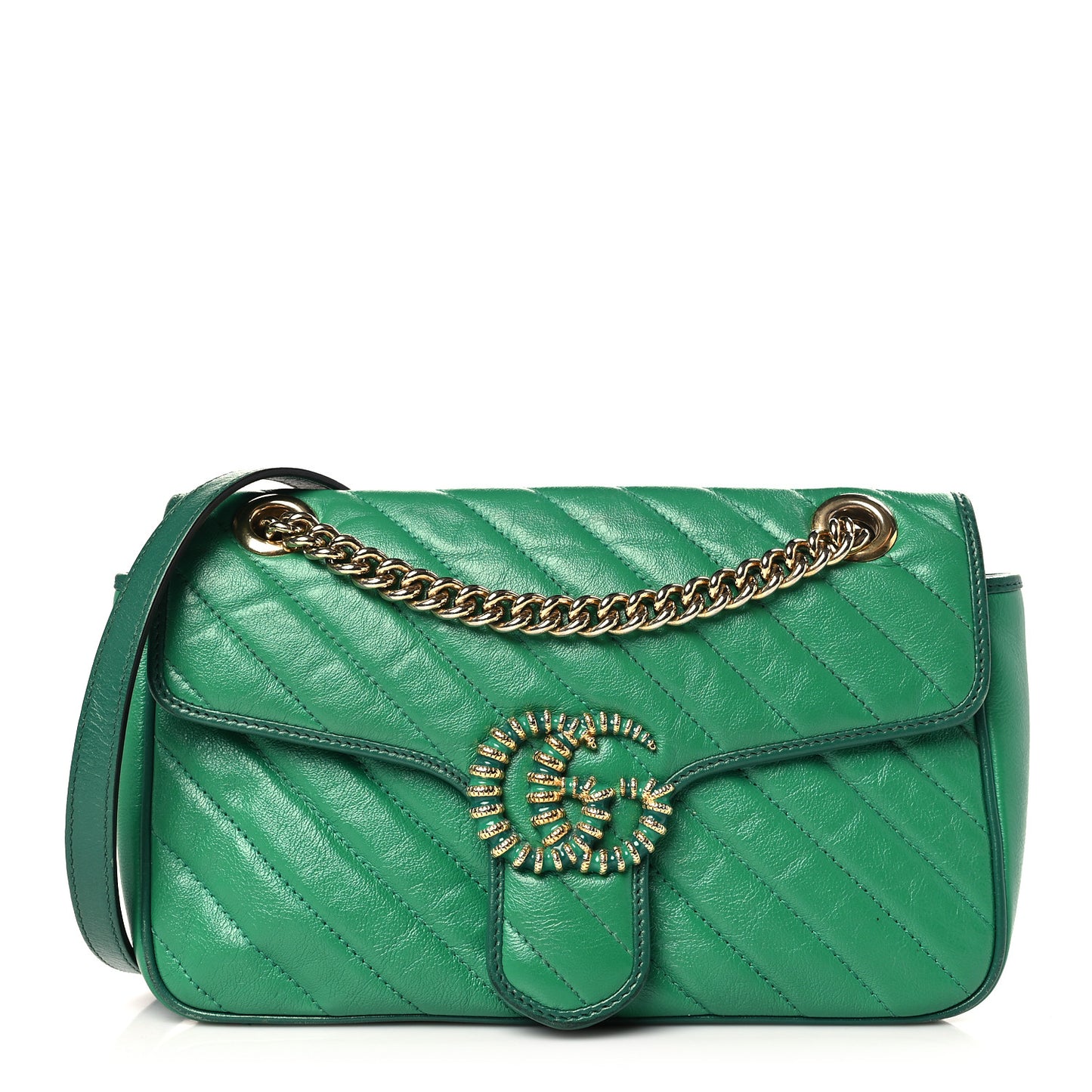 Azalea Calfskin Enamel Matelasse Diagonal Small Torchon GG Marmont Shoulder Bag New Shamarock Emerald