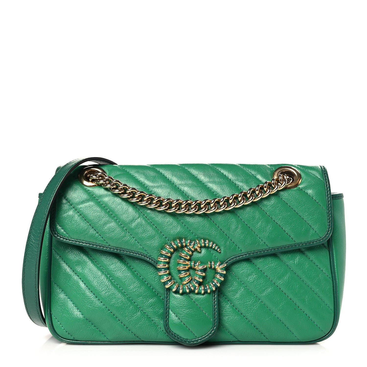 Gucci Azalea Calfskin Enamel Matelasse Diagonal Small Torchon GG Marmont Shoulder Bag New Shamarock Emerald 1 of 10